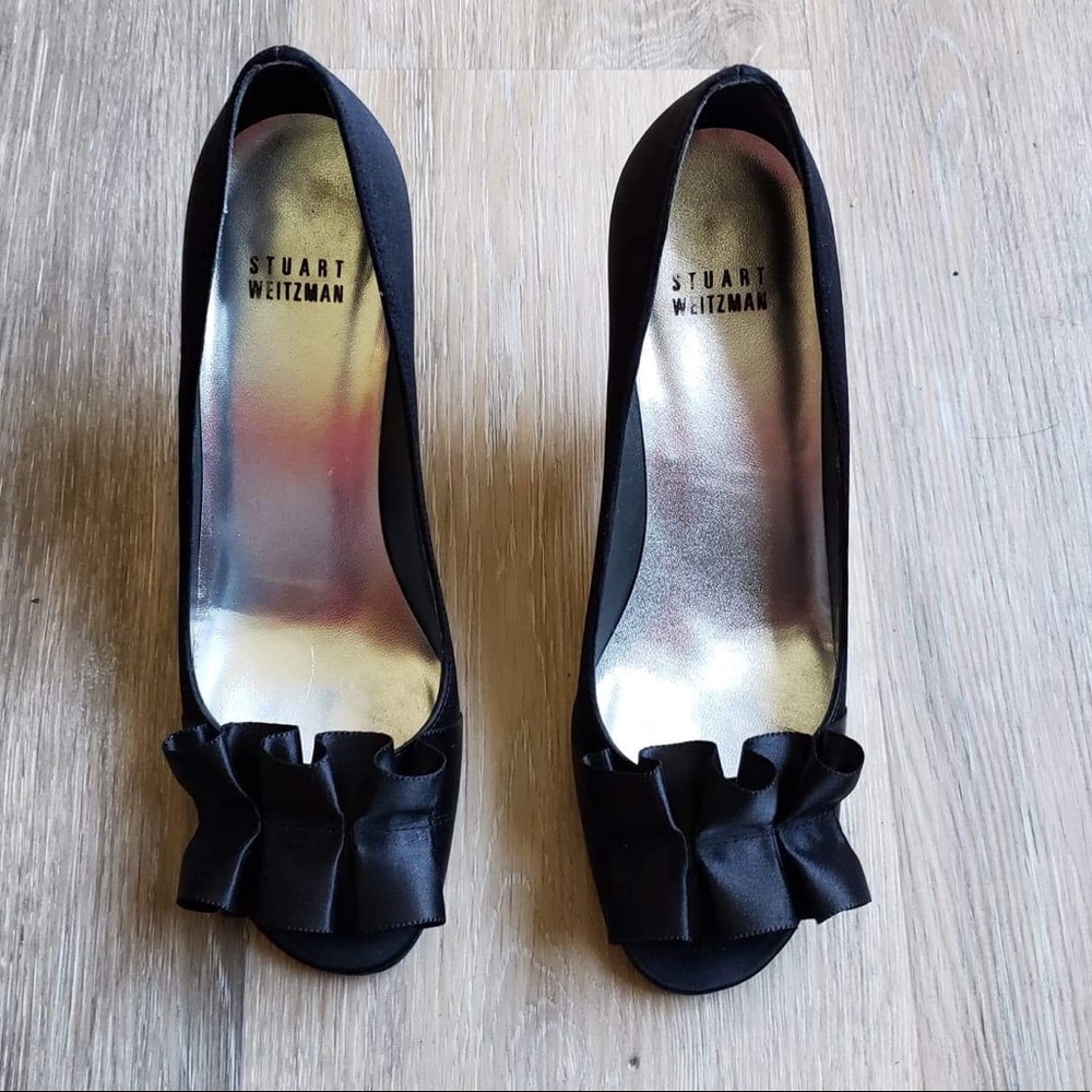 Black Satin Open Toe Pumps - Picture 1 of 9